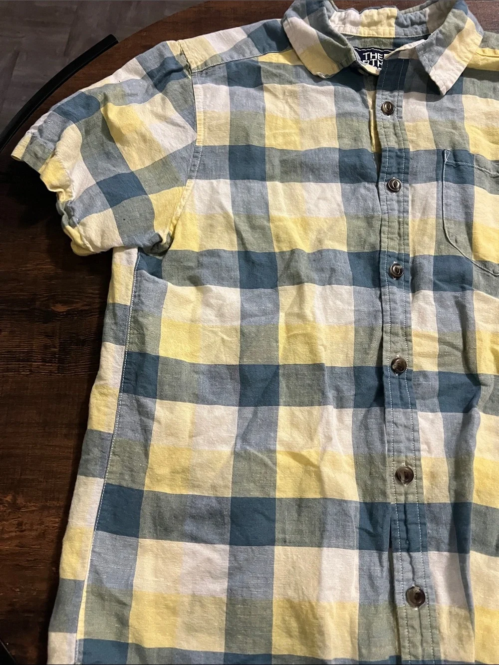 The North Face Yellow and Blue Plaid Short-Sleeve Button-Down Shirt